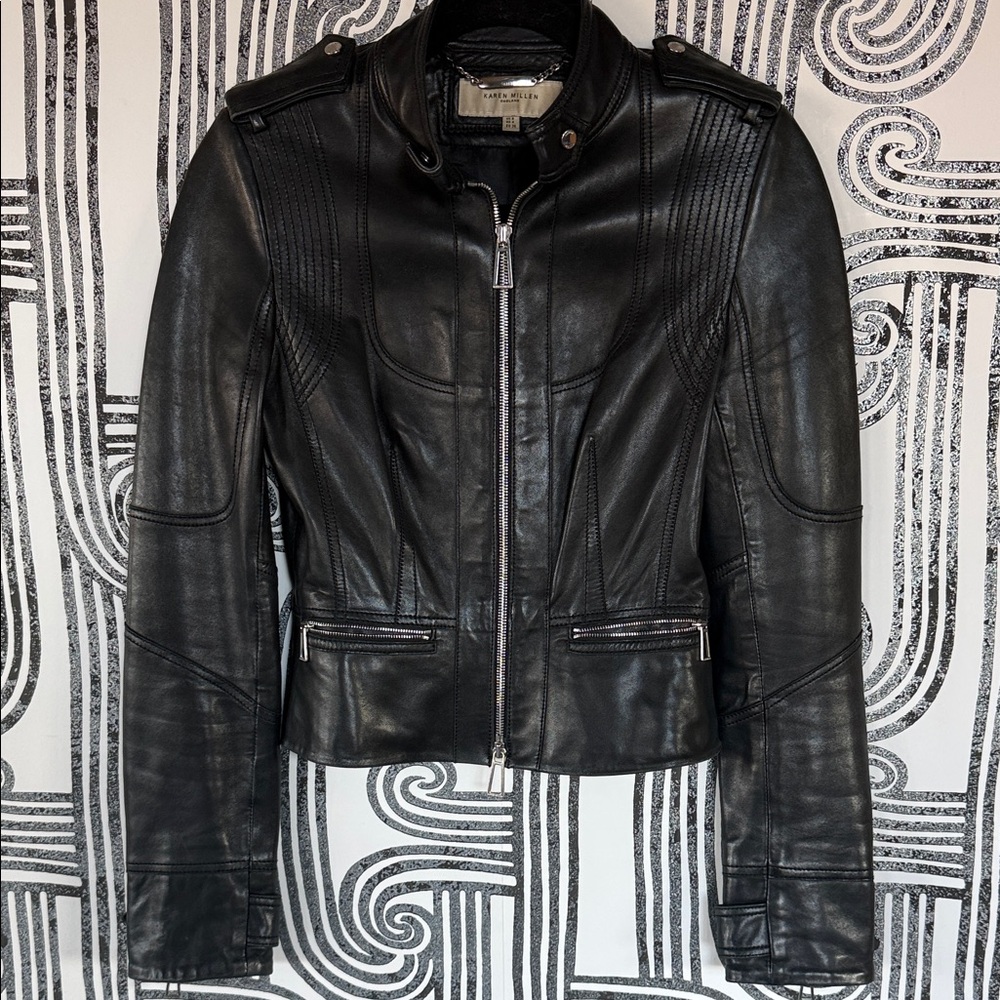 Karen Millen Black Leather Moto Jacket, Size 4